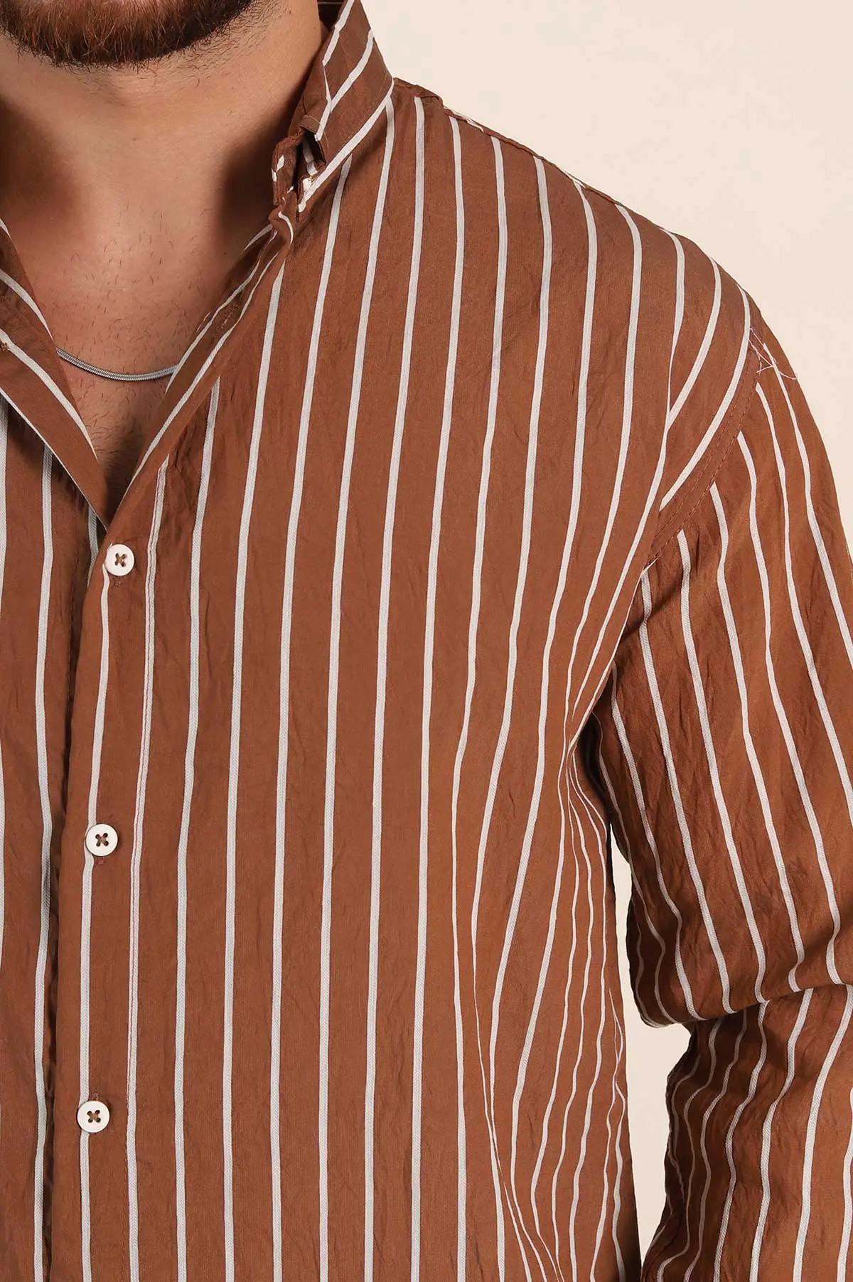 Kahverengi Regular Fit Çizgili Uzun Kollu Erkek Gömlek 369567