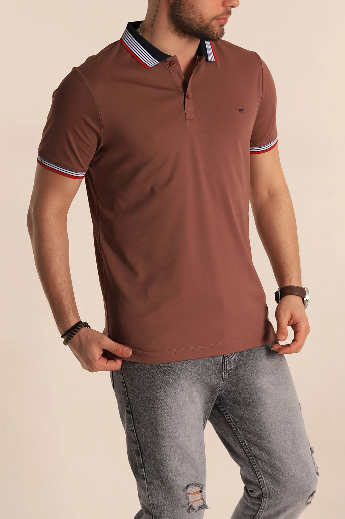 Kahverengi Regular Fit Desenli Polo Yakalı Erkek Tişört 263264