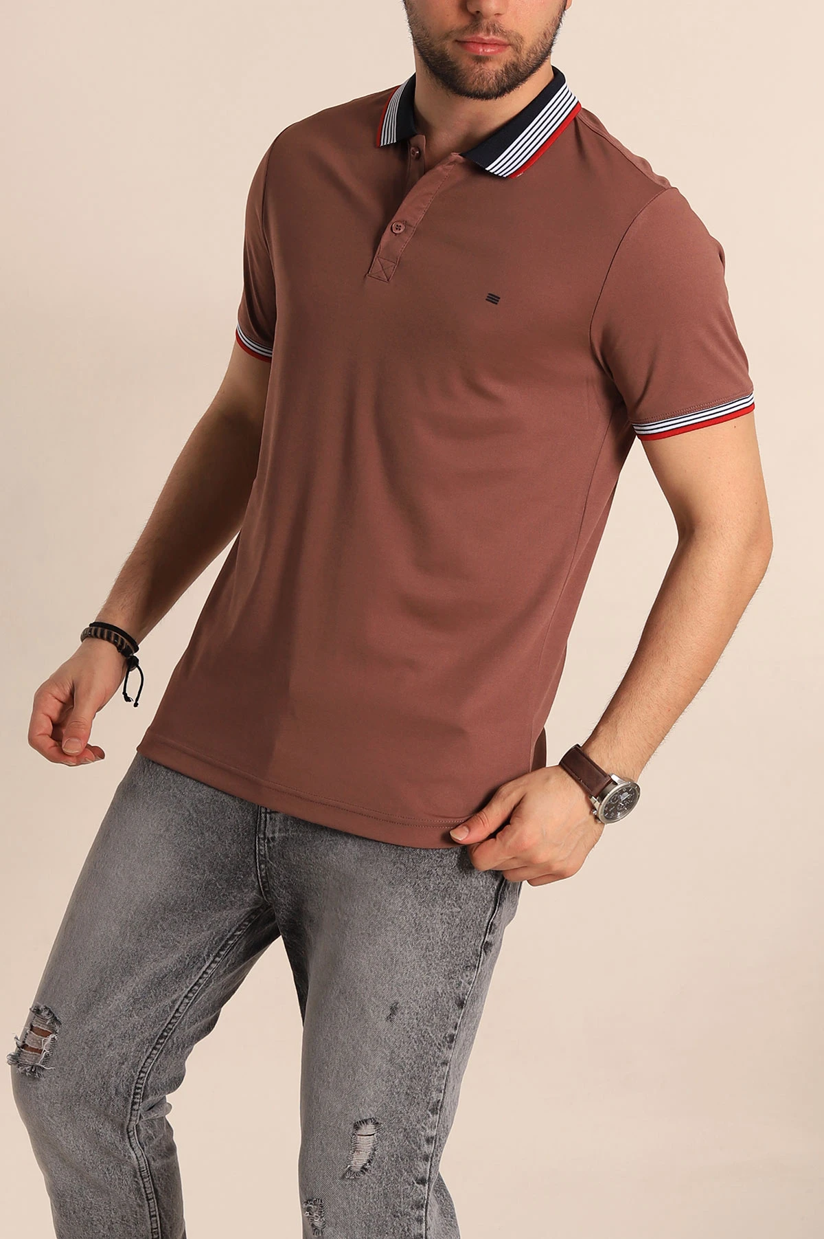 Kahverengi Regular Fit Desenli Polo Yakalı Erkek Tişört 263264