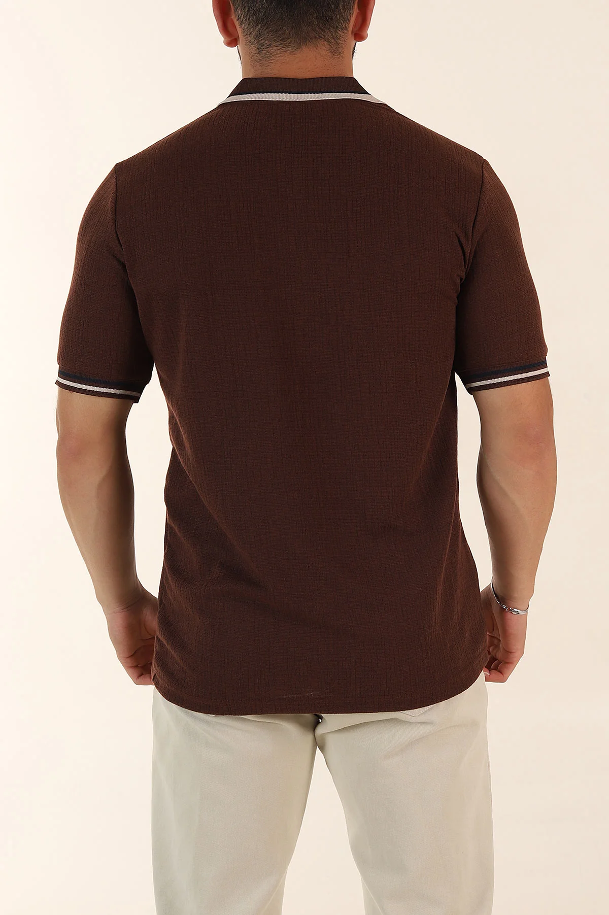 Kahverengi Regular Fit Dokulu Fermuarlı Polo Yaka Erkek Triko Tişört 370057