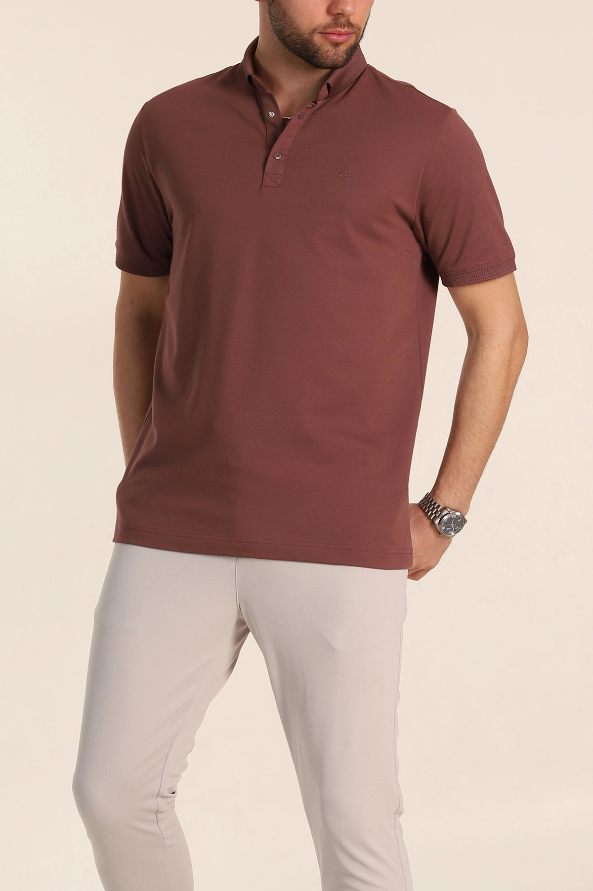 Kahverengi Regular Fit Dokulu Polo Yaka Erkek Tişört 342494
