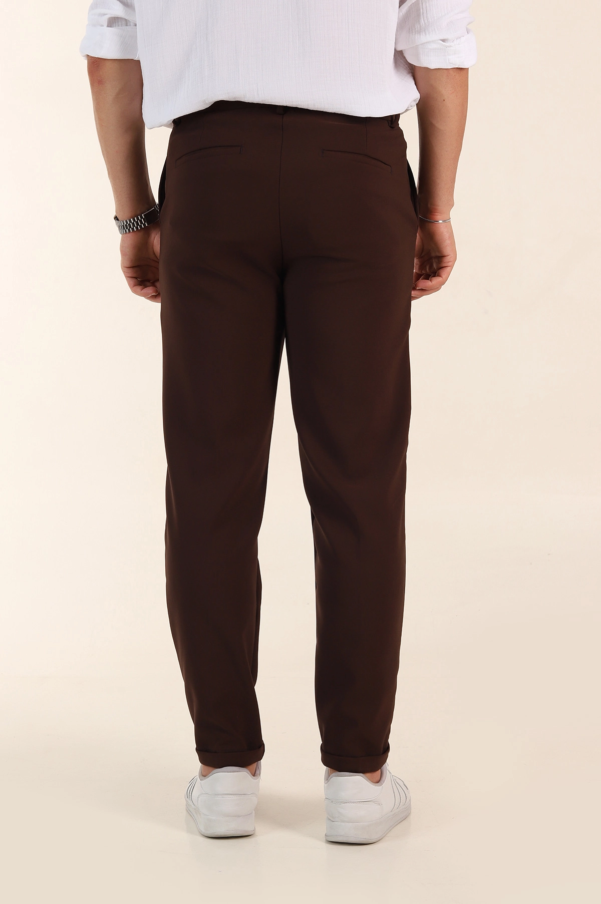 Kahverengi Regular Fit Duble Kumaş Duble Paça Bel Arkası Lastikli Erkek Pantolon 368373