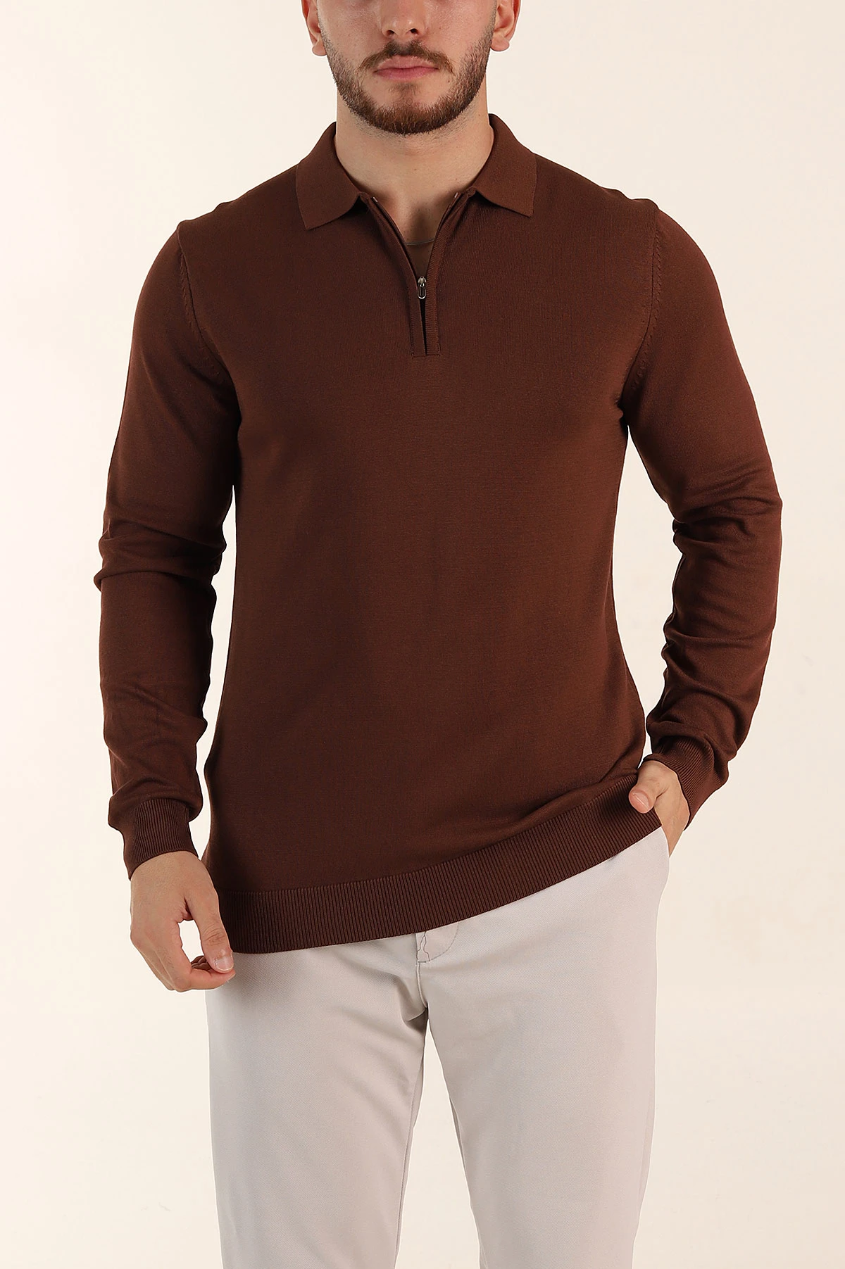 Kahverengi Regular Fit Fermuarlı Polo Yaka Uzun Kollu Triko 393303