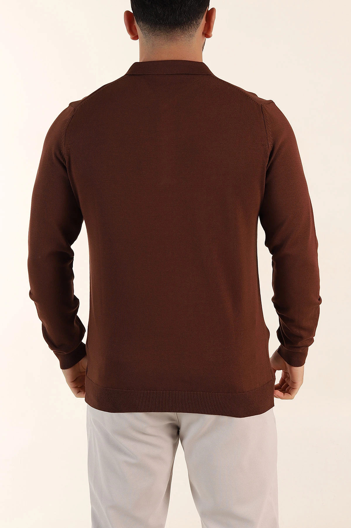 Kahverengi Regular Fit Fermuarlı Polo Yaka Uzun Kollu Triko 393303