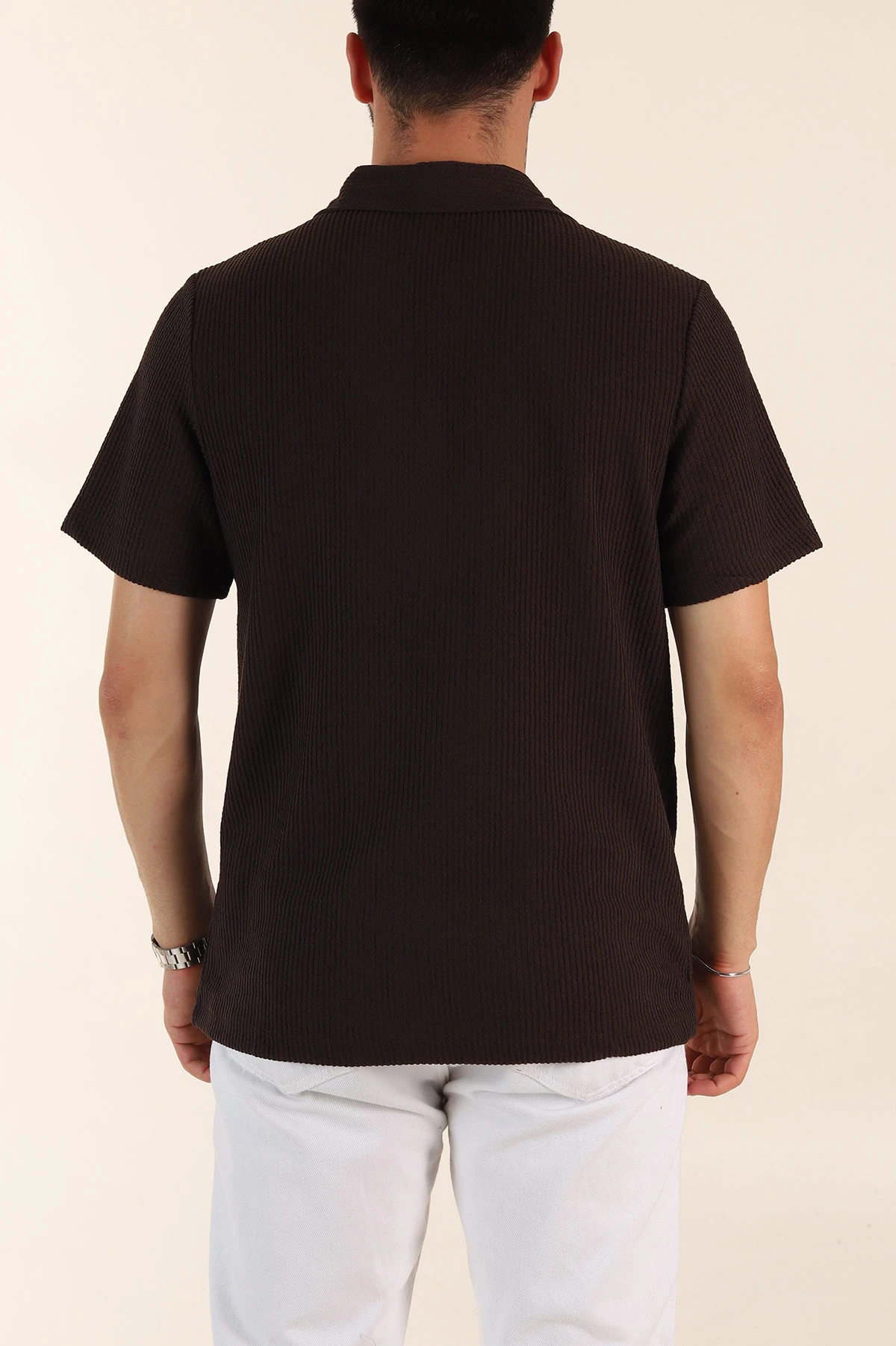 Kahverengi Regular Fit Fitilli Doku Fermuarlı Polo Yaka Erkek Tişört 369060