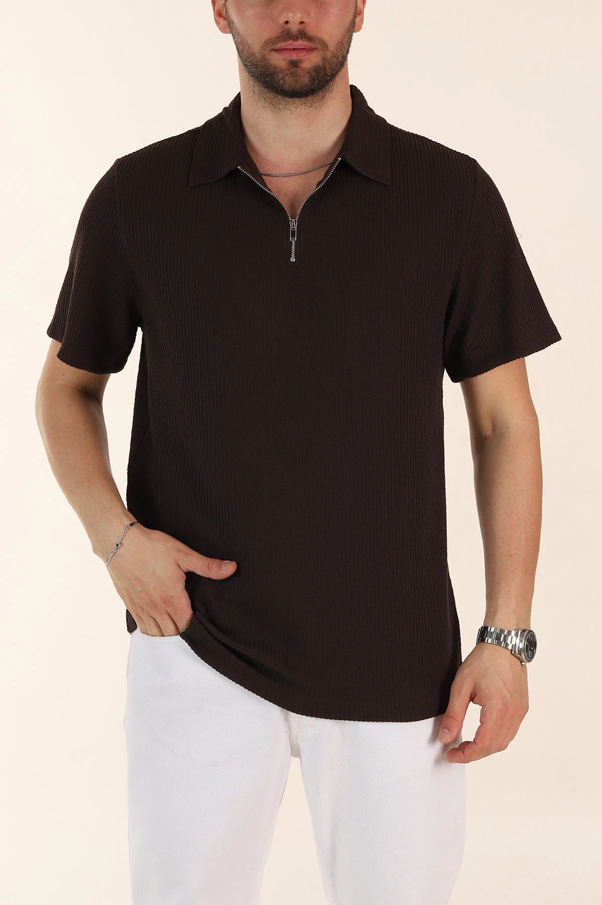 Kahverengi Regular Fit Fitilli Doku Fermuarlı Polo Yaka Erkek Tişört 369060