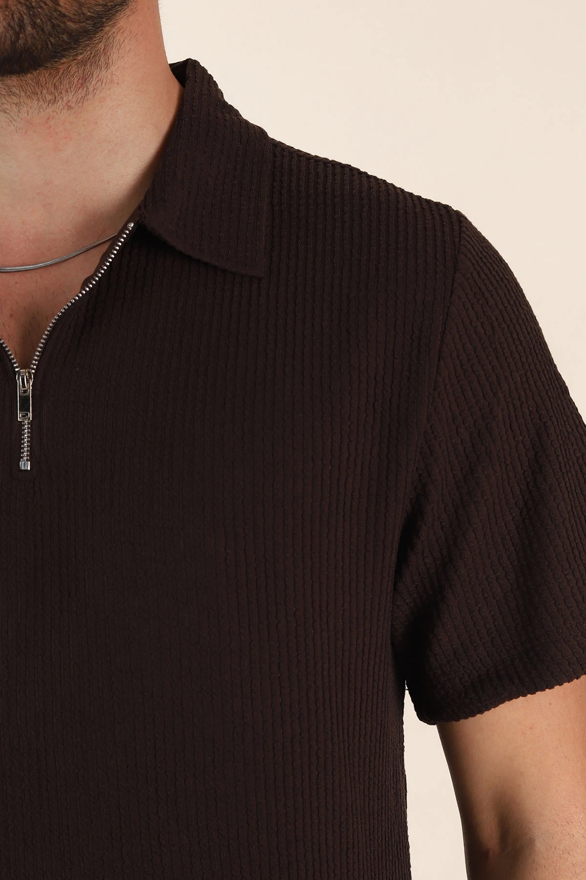 Kahverengi Regular Fit Fitilli Doku Fermuarlı Polo Yaka Erkek Tişört 369060