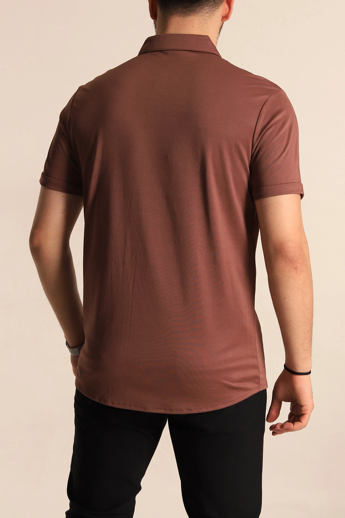 Kahverengi Regular Fit Jakarlı Çıt Çıt Düğmeli Kısa Kollu Erkek Gömlek 263724