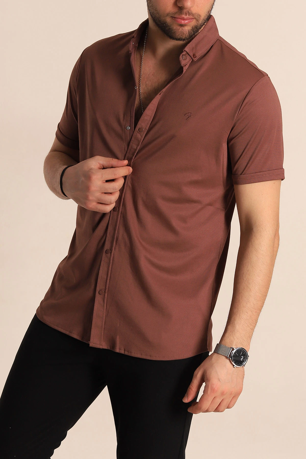 Kahverengi Regular Fit Jakarlı Çıt Çıt Düğmeli Kısa Kollu Erkek Gömlek 263724
