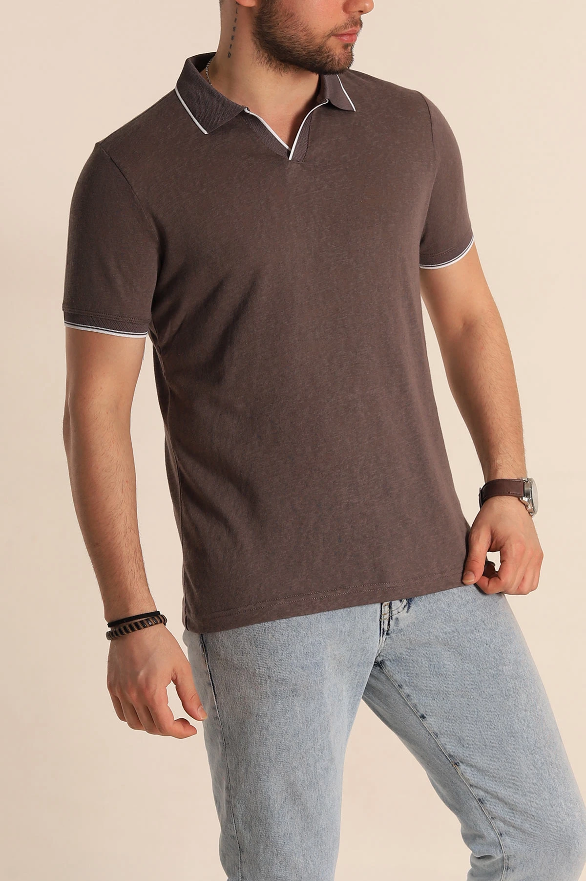 Kahverengi Regular Fit Jakarlı Polo Yaka Triko Tişört 263235