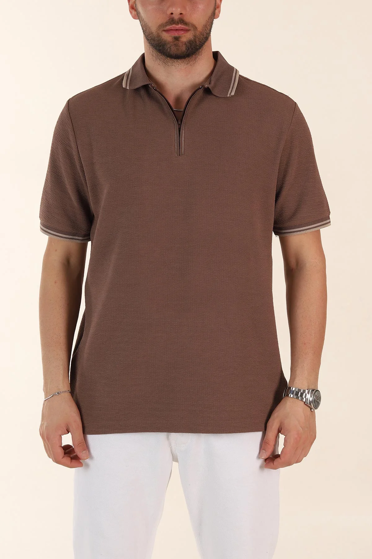 Kahverengi Regular Fit Likralı Çizgili Polo Yaka Erkek Tişört 368732