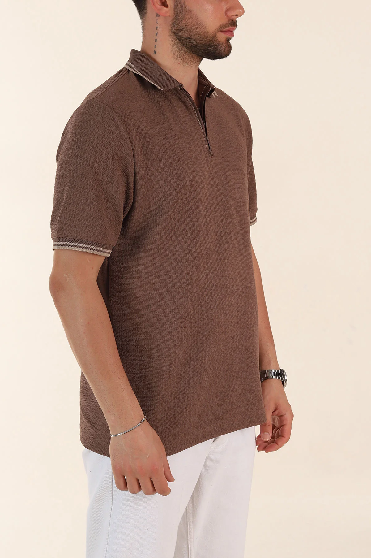Kahverengi Regular Fit Likralı Çizgili Polo Yaka Erkek Tişört 368732