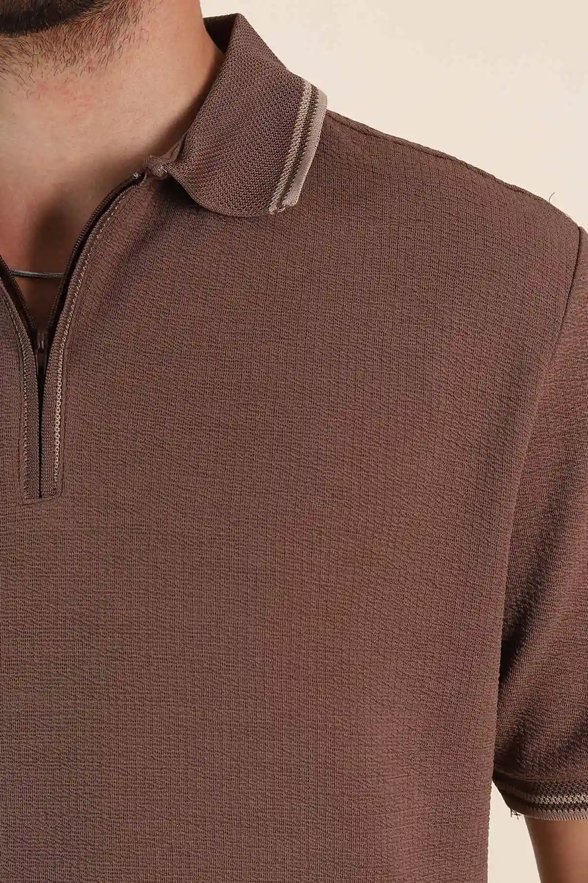 Kahverengi Regular Fit Likralı Çizgili Polo Yaka Erkek Tişört 368732