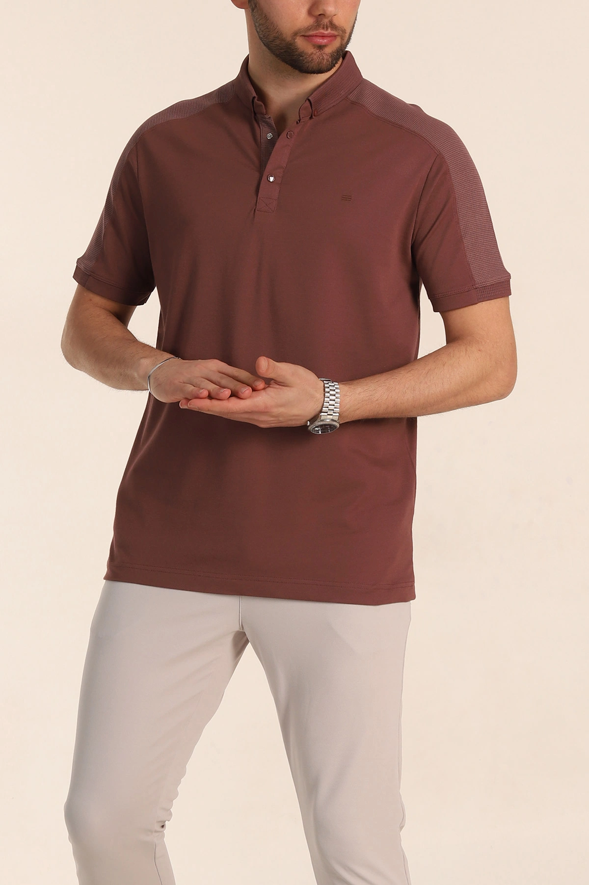 Kahverengi Regular Fit Parçalı Polo Yaka Erkek Tişört 346728