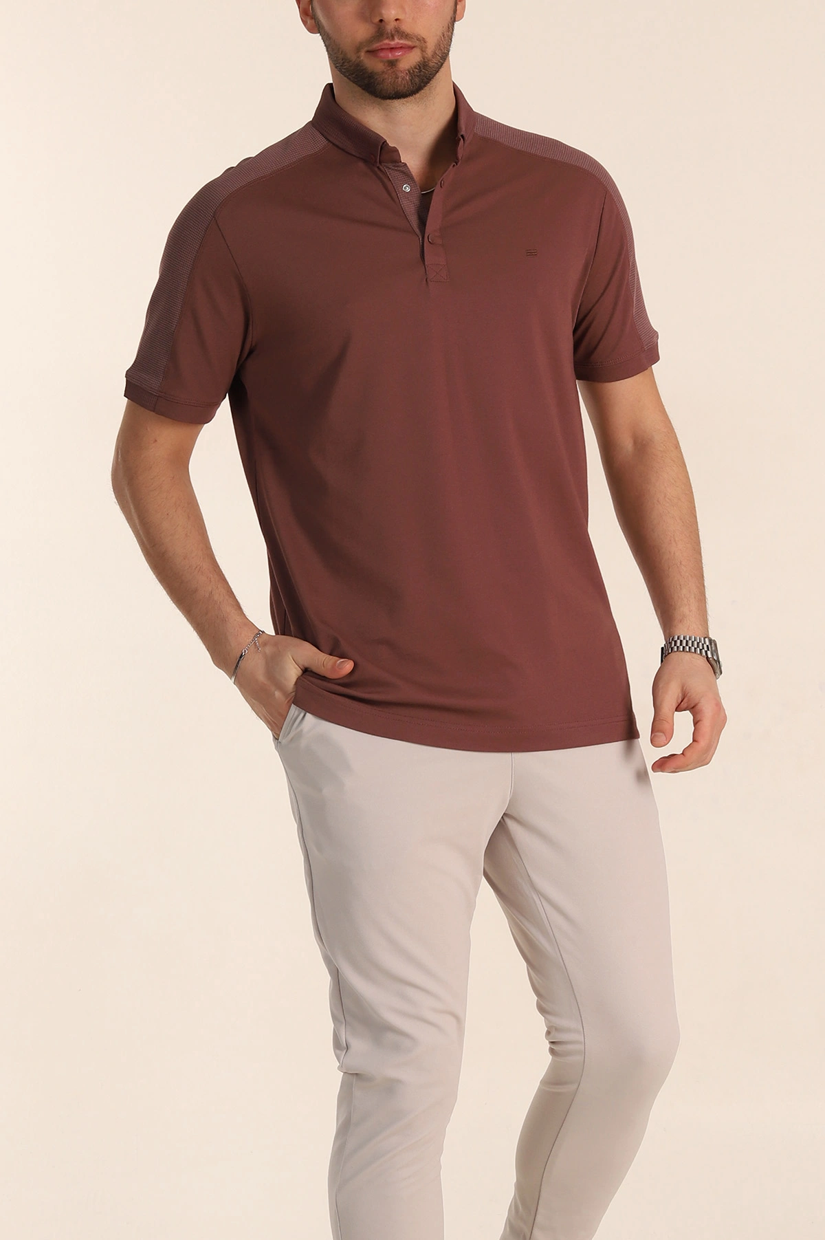 Kahverengi Regular Fit Parçalı Polo Yaka Erkek Tişört 346728