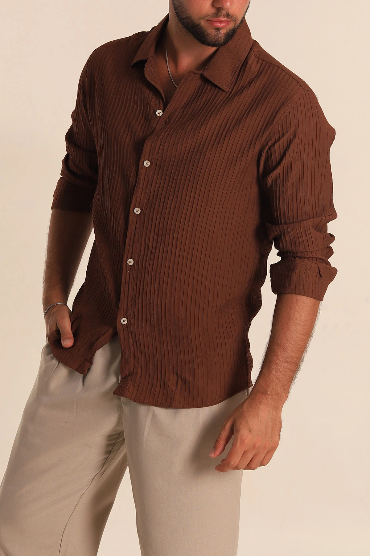 Kahverengi Regular Fit Plise Dokulu Erkek Gömlek 285473