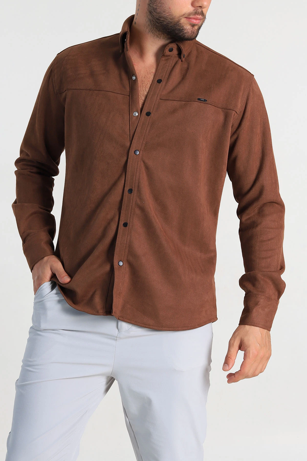 Kahverengi Regular Fit Süet Çıt Çıt Düğmeli Erkek Gömlek 309301
