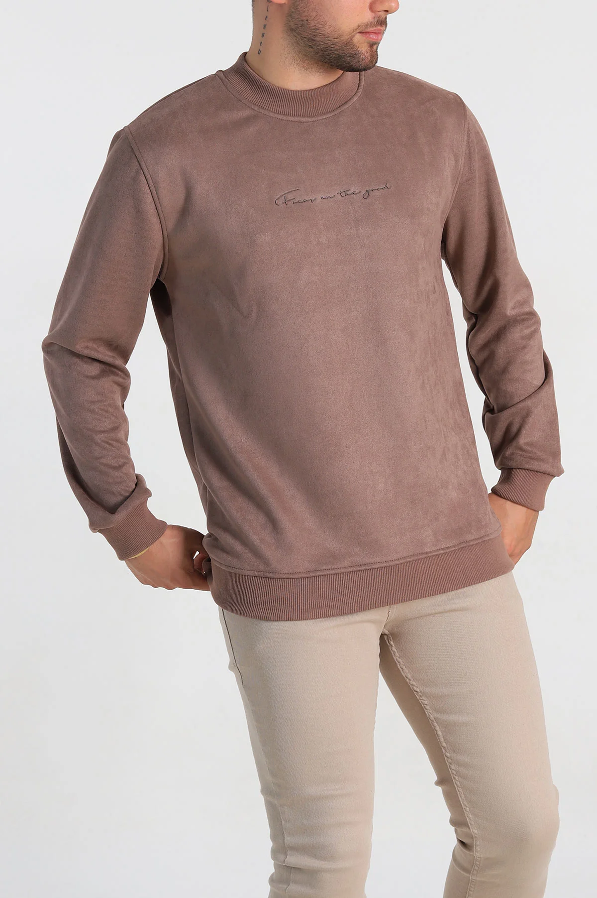 Kahverengi Regular Fit Süet Kabartma Yazı Detaylı Erkek Sweatshirt 305900
