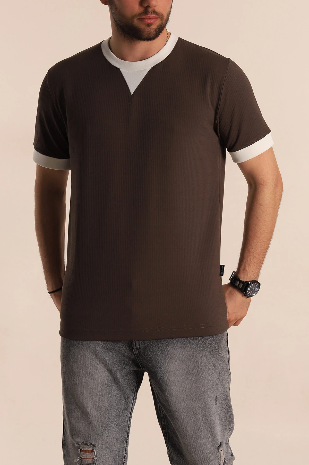Kahverengi Regular Fit Yaka Detaylı Erkek Tişört 268639