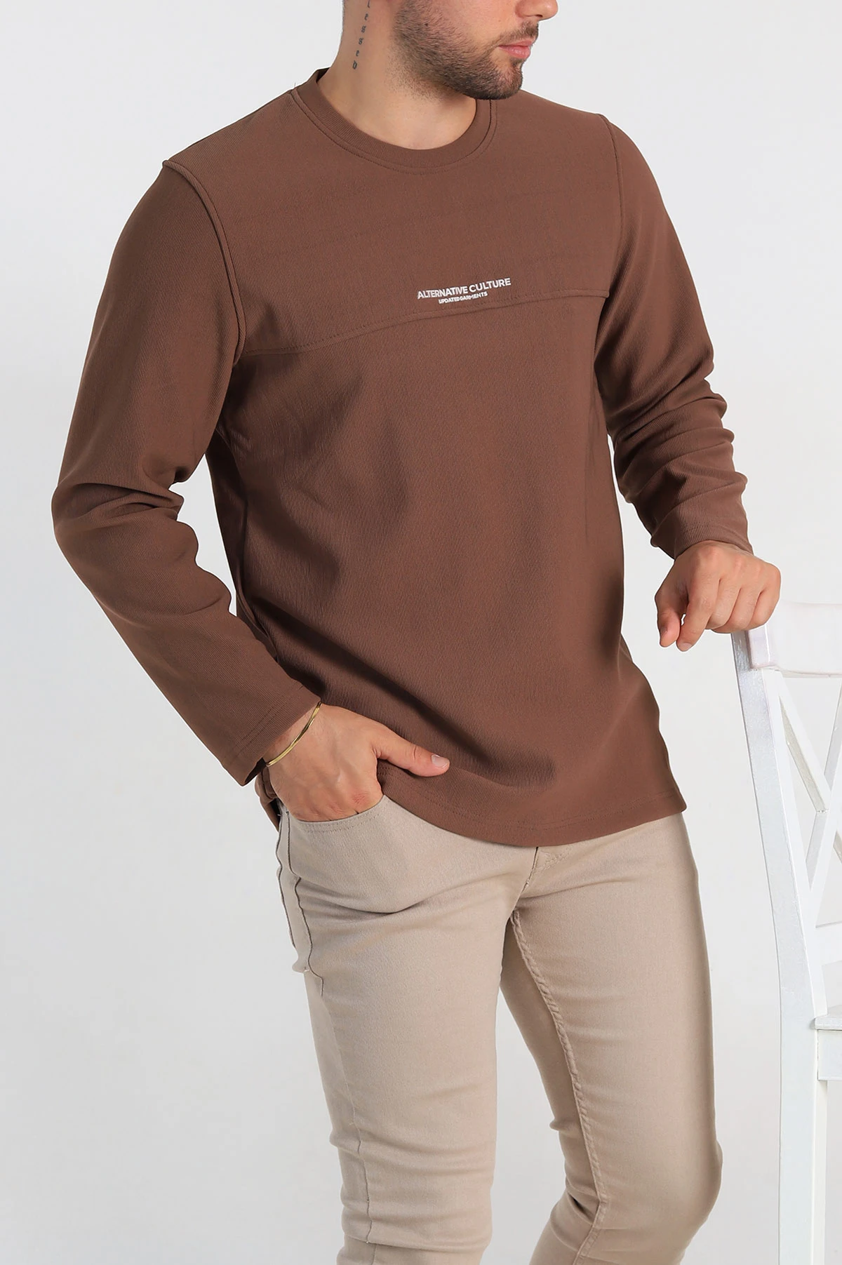 Kahverengi Regular Fit Yazı Detay Erkek Sweatshirt 305886