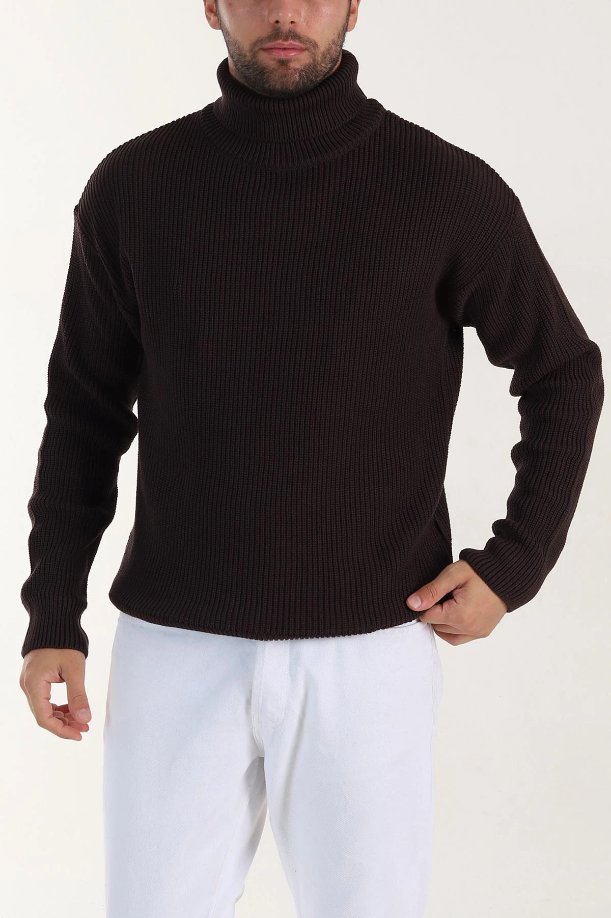 Kahverengi Relaxed Fit Balıkçı Yaka Erkek Triko Kazak 397756