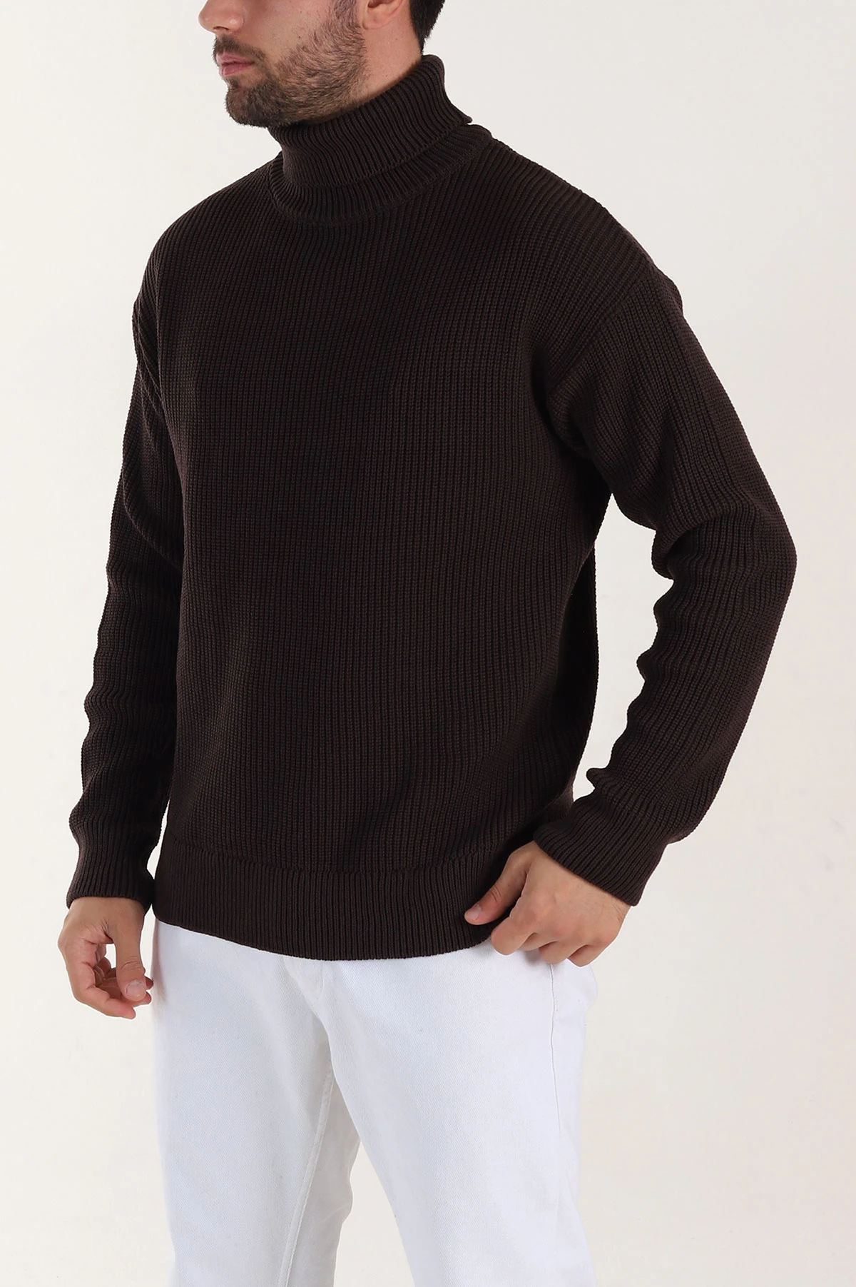 Kahverengi Relaxed Fit Balıkçı Yaka Erkek Triko Kazak 397756