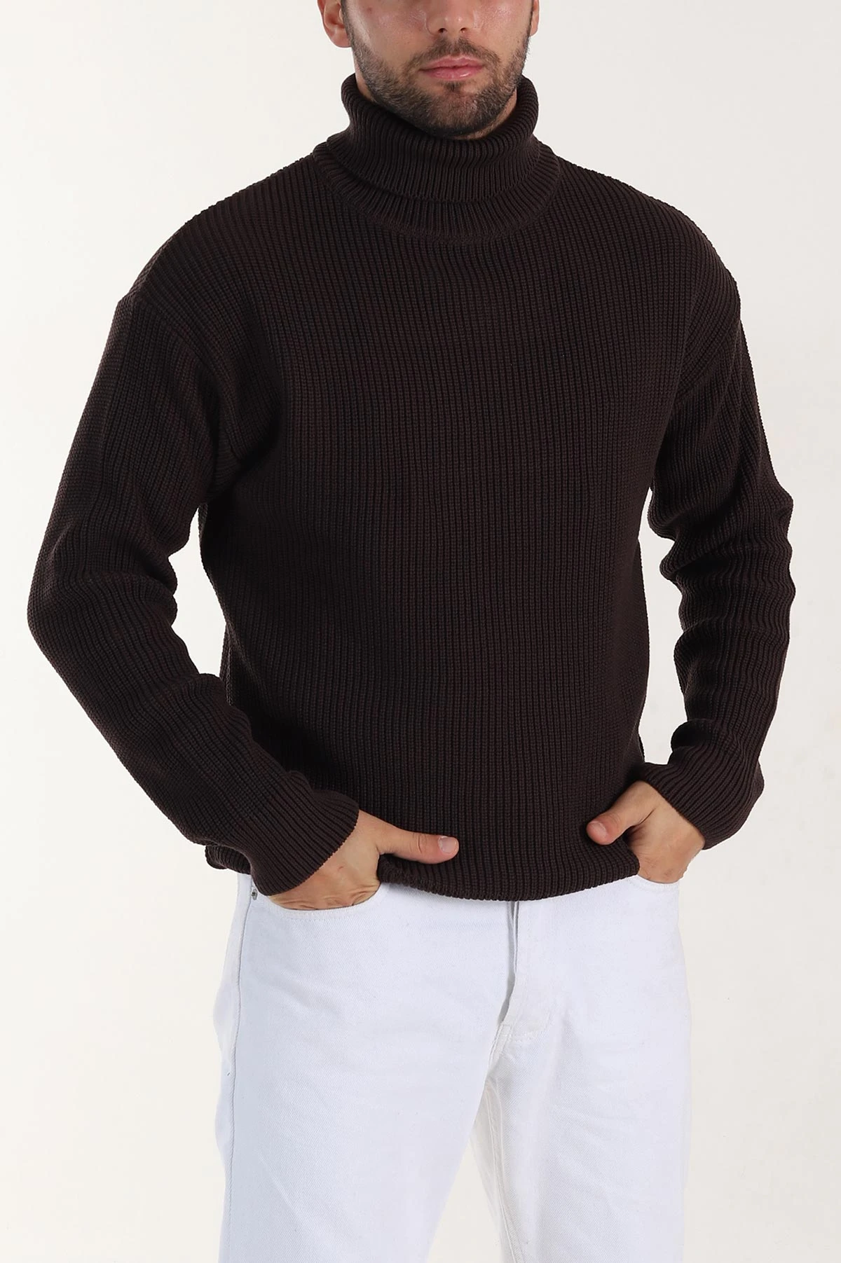 Kahverengi Relaxed Fit Balıkçı Yaka Erkek Triko Kazak 397756