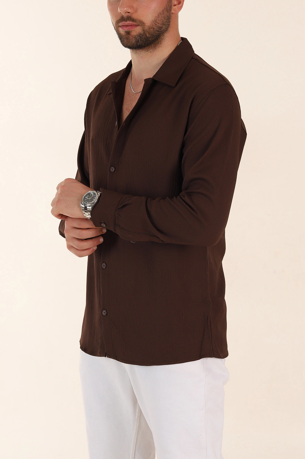 Kahverengi Relaxed Fit Bürümcük Dokulu Uzun Kollu Erkek Gömlek 369320