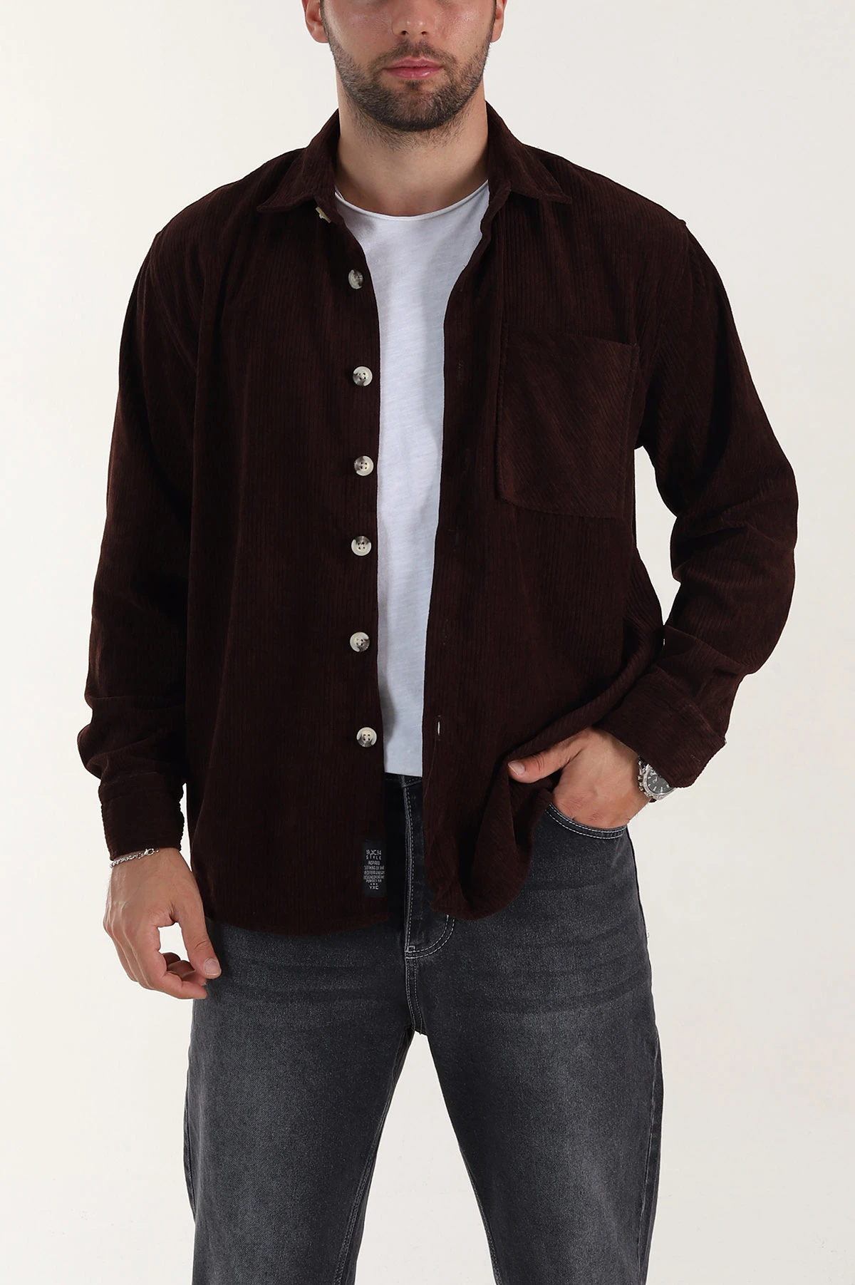 Kahverengi Relaxed Fit Cep Detaylı Kalın Fitilli Kadife Erkek Gömlek 397931