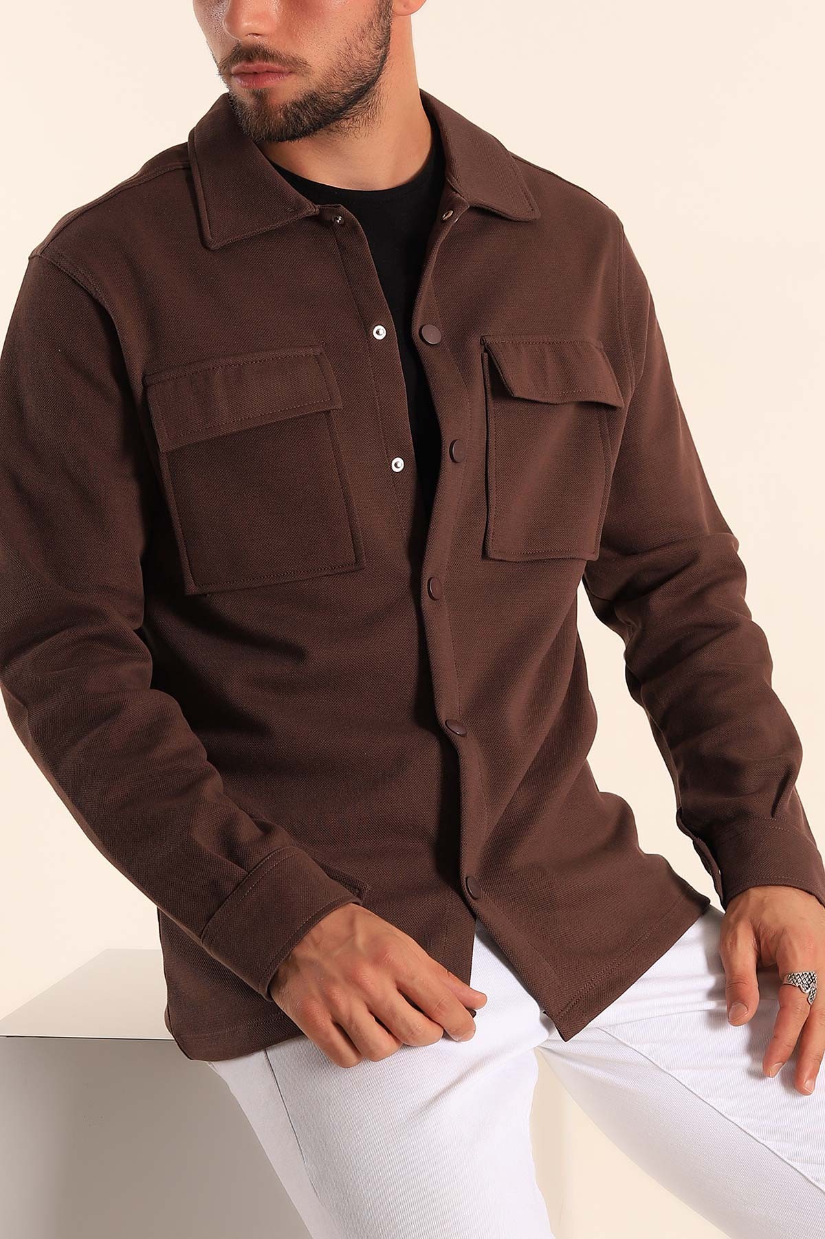 Kahverengi Relaxed Fit Çift Cepli Çıt Çıt Düğmeli Uzun Kollu Erkek Gömlek 201334