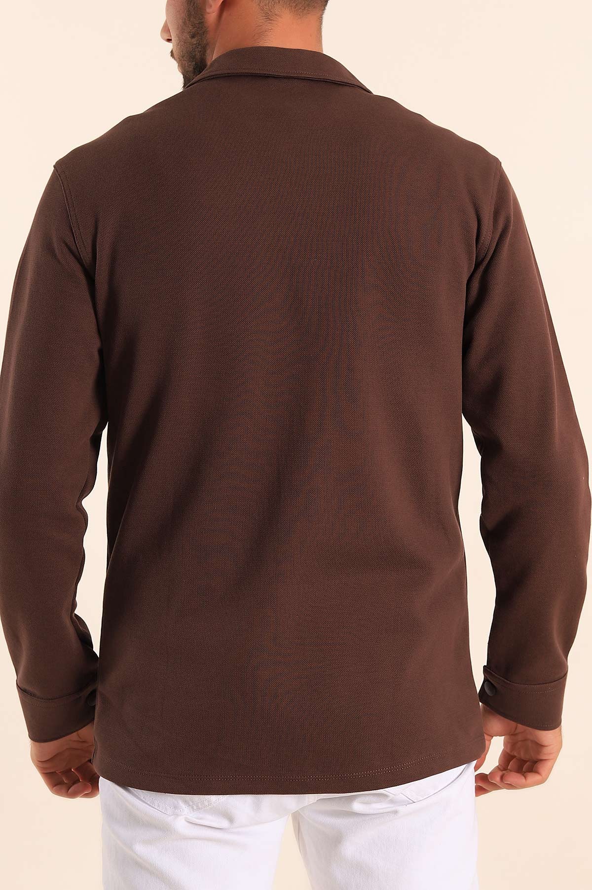 Kahverengi Relaxed Fit Çift Cepli Çıt Çıt Düğmeli Uzun Kollu Erkek Gömlek 201334