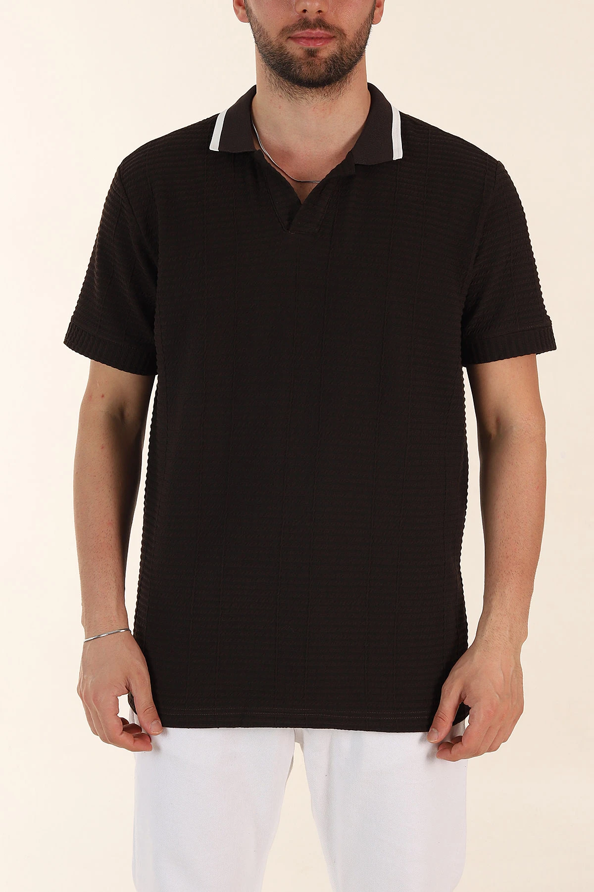 Kahverengi Relaxed Fit Çizgi Detaylı Polo Yaka Erkek Tişört 370320