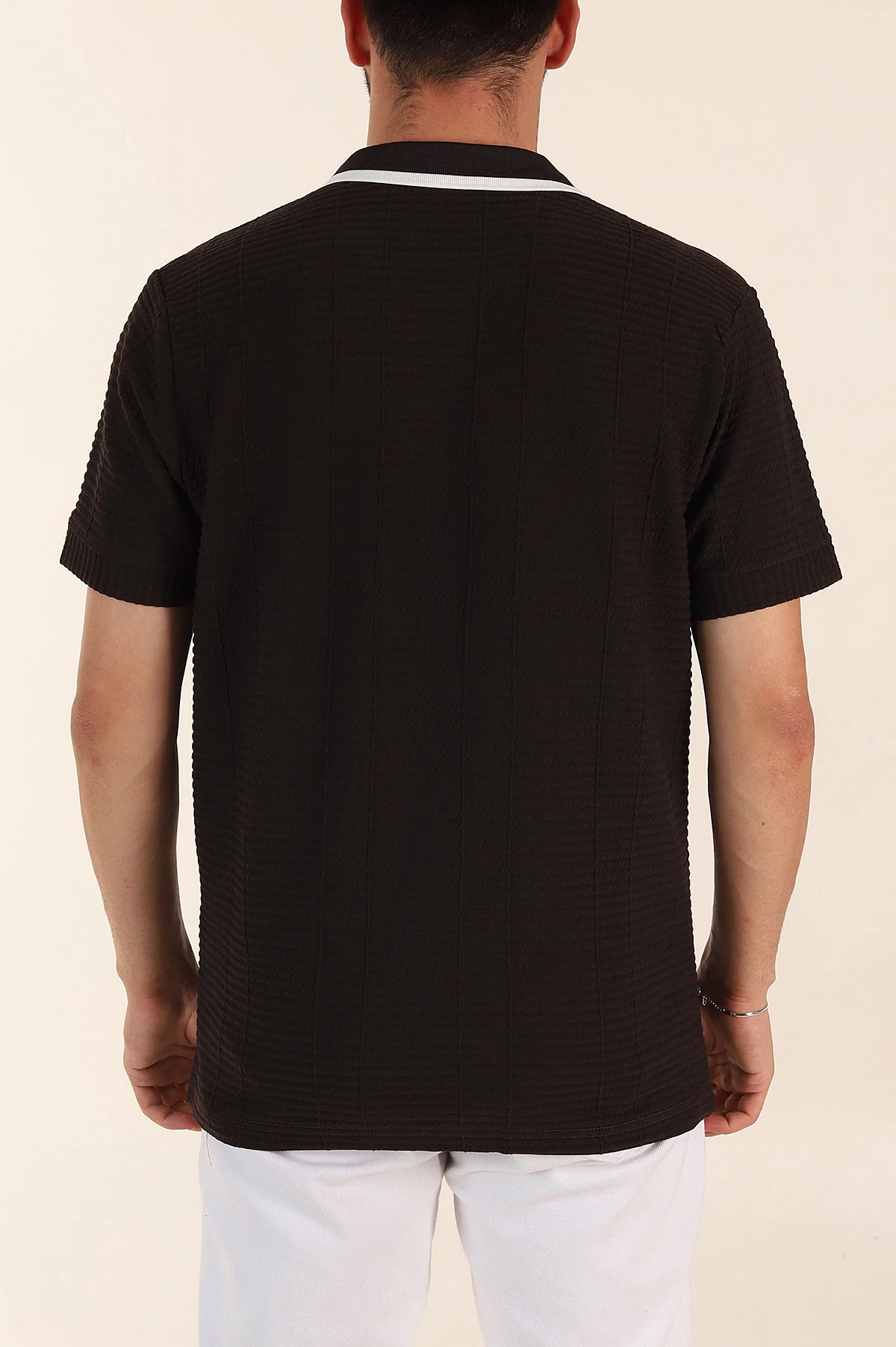 Kahverengi Relaxed Fit Çizgi Detaylı Polo Yaka Erkek Tişört 370320
