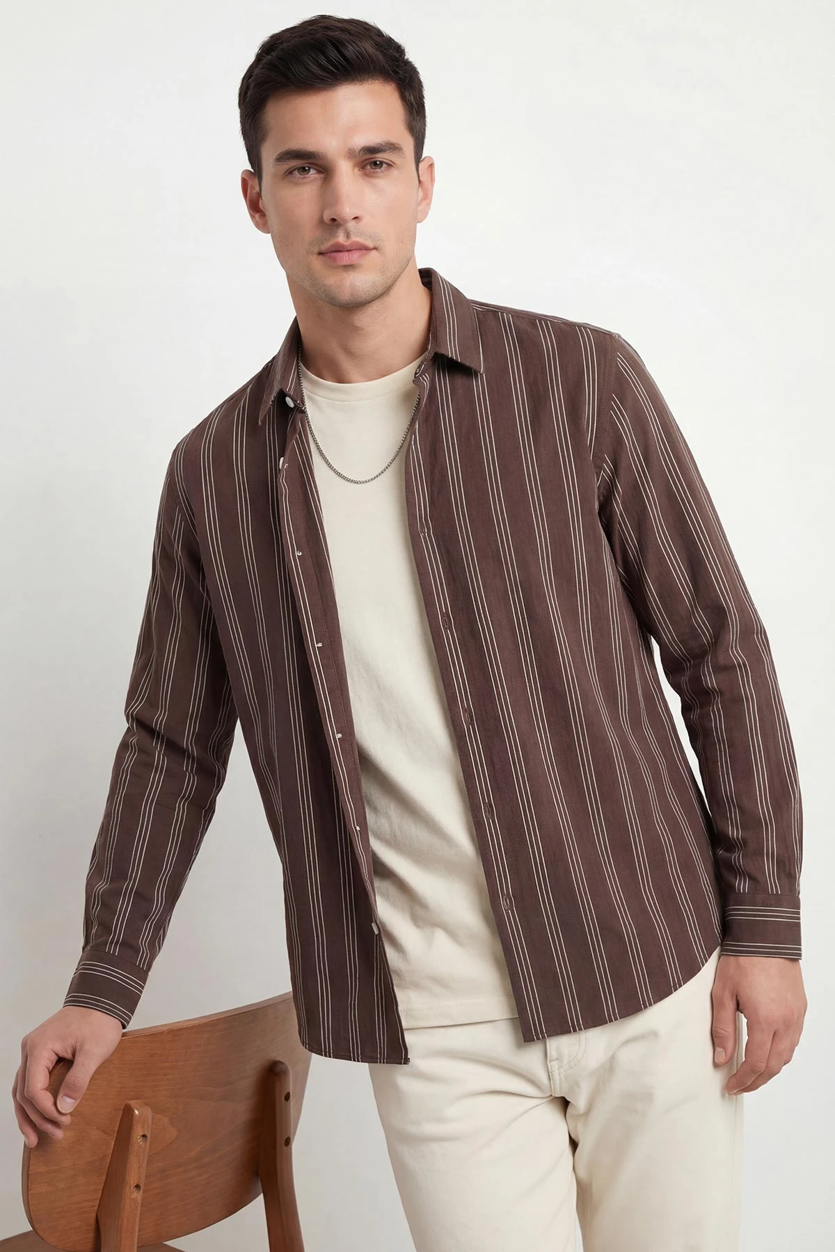 Kahverengi Relaxed Fit Çizgili Erkek Gömlek 435784