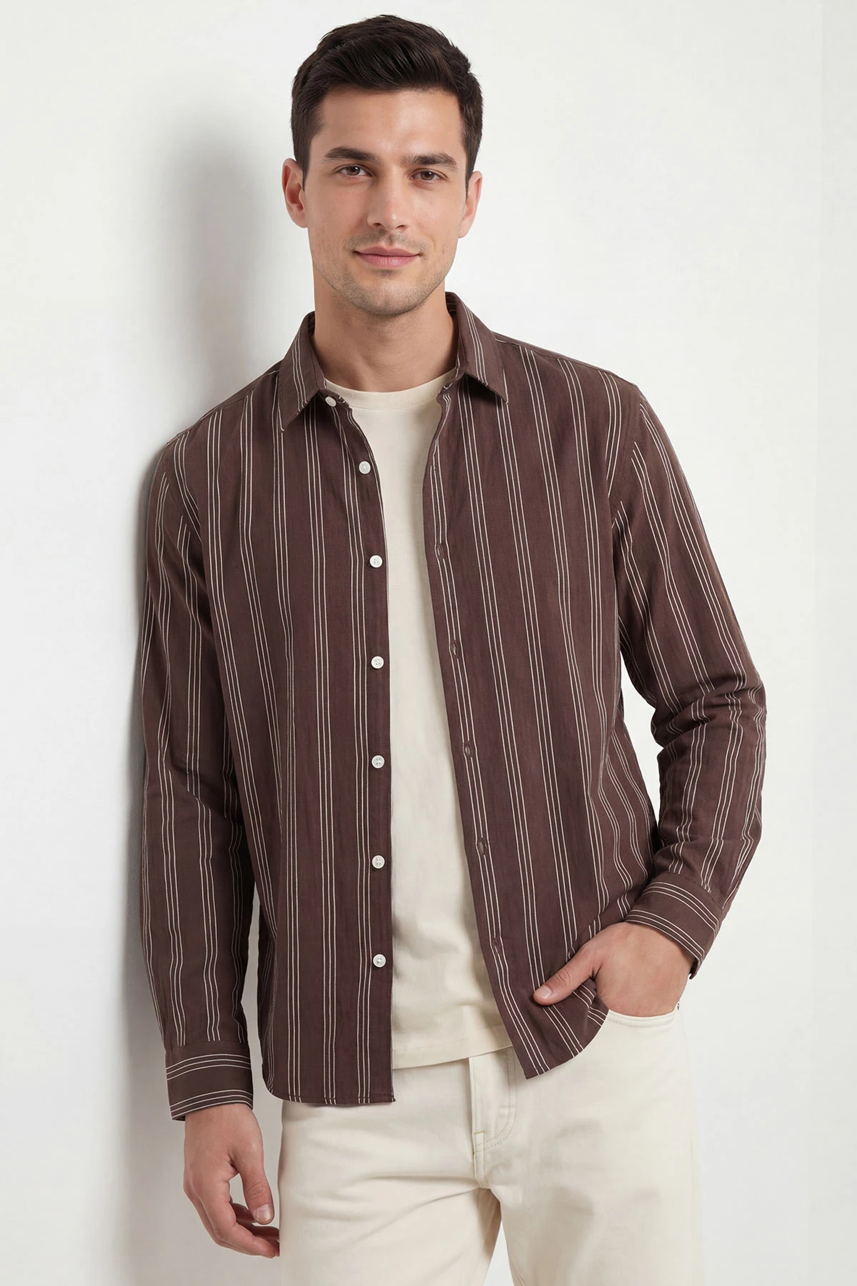 Kahverengi Relaxed Fit Çizgili Erkek Gömlek 435784