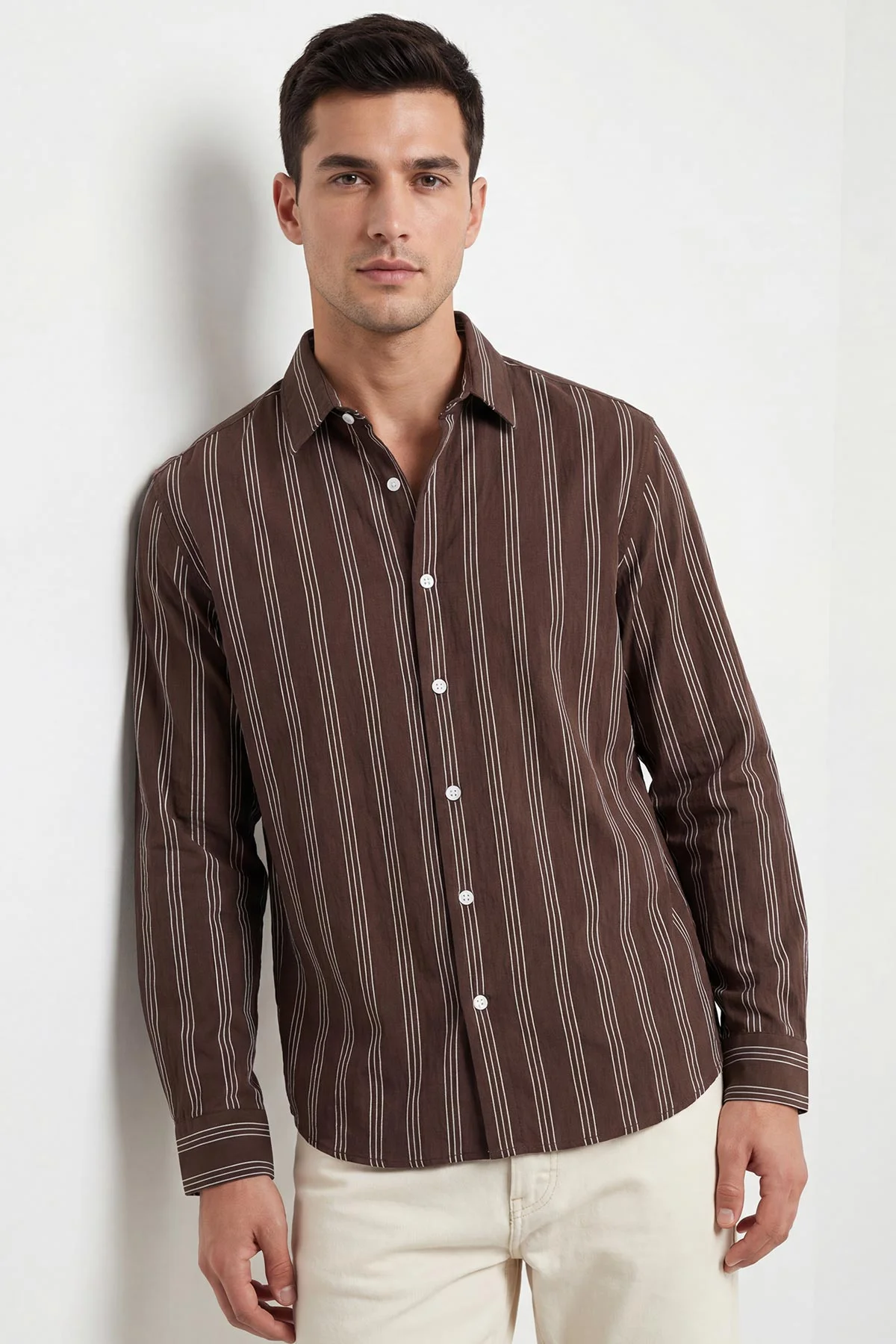 Kahverengi Relaxed Fit Çizgili Erkek Gömlek 435784