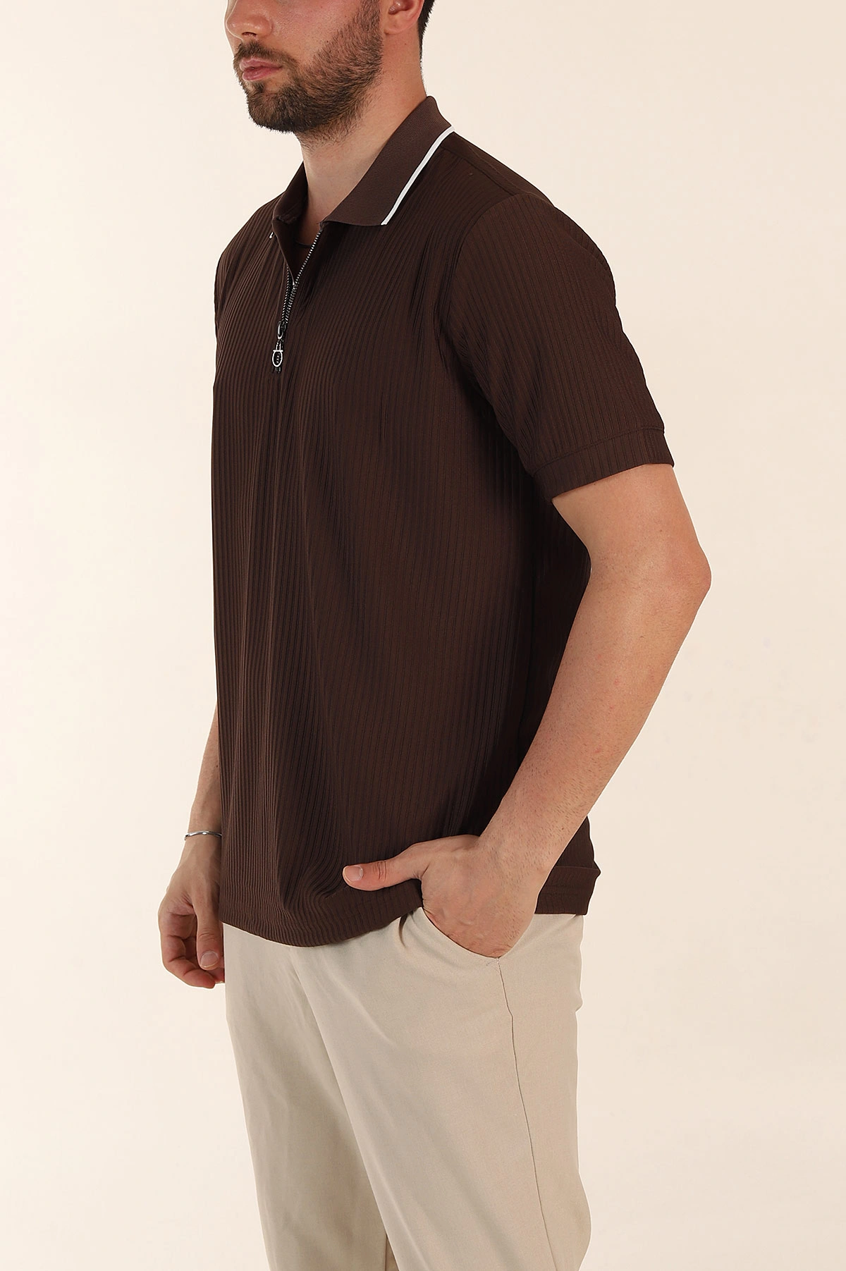 Kahverengi Relaxed Fit Çizgili Fermuarlı Polo Yaka Erkek Tişört 370339