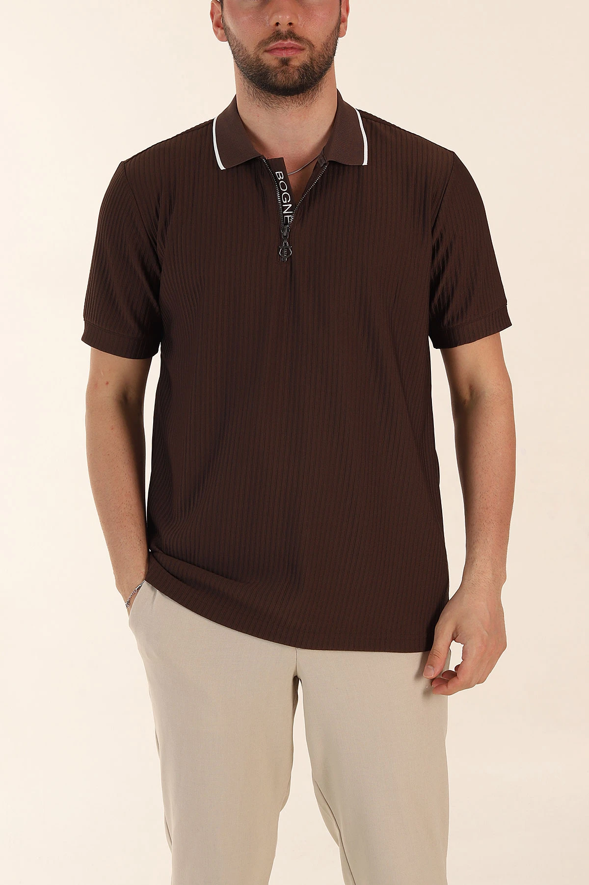 Kahverengi Relaxed Fit Çizgili Fermuarlı Polo Yaka Erkek Tişört 370339
