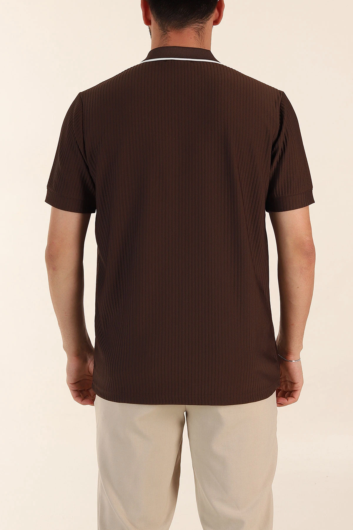 Kahverengi Relaxed Fit Çizgili Fermuarlı Polo Yaka Erkek Tişört 370339
