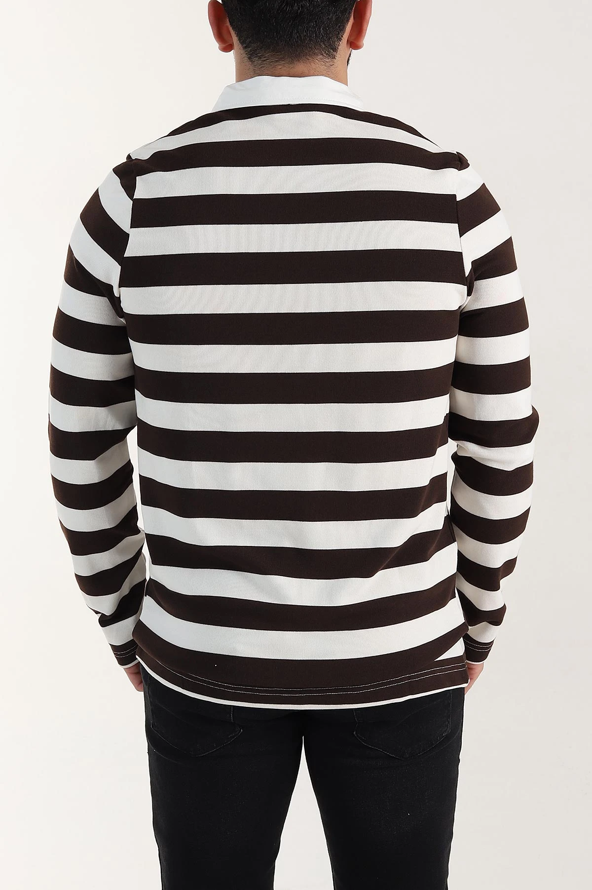 Kahverengi Relaxed Fit Çizgili Jakarlı Kumaş Erkek Triko Sweatshirt 399592