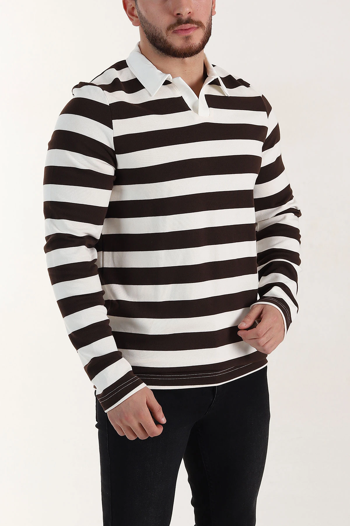 Kahverengi Relaxed Fit Çizgili Jakarlı Kumaş Erkek Triko Sweatshirt 399592
