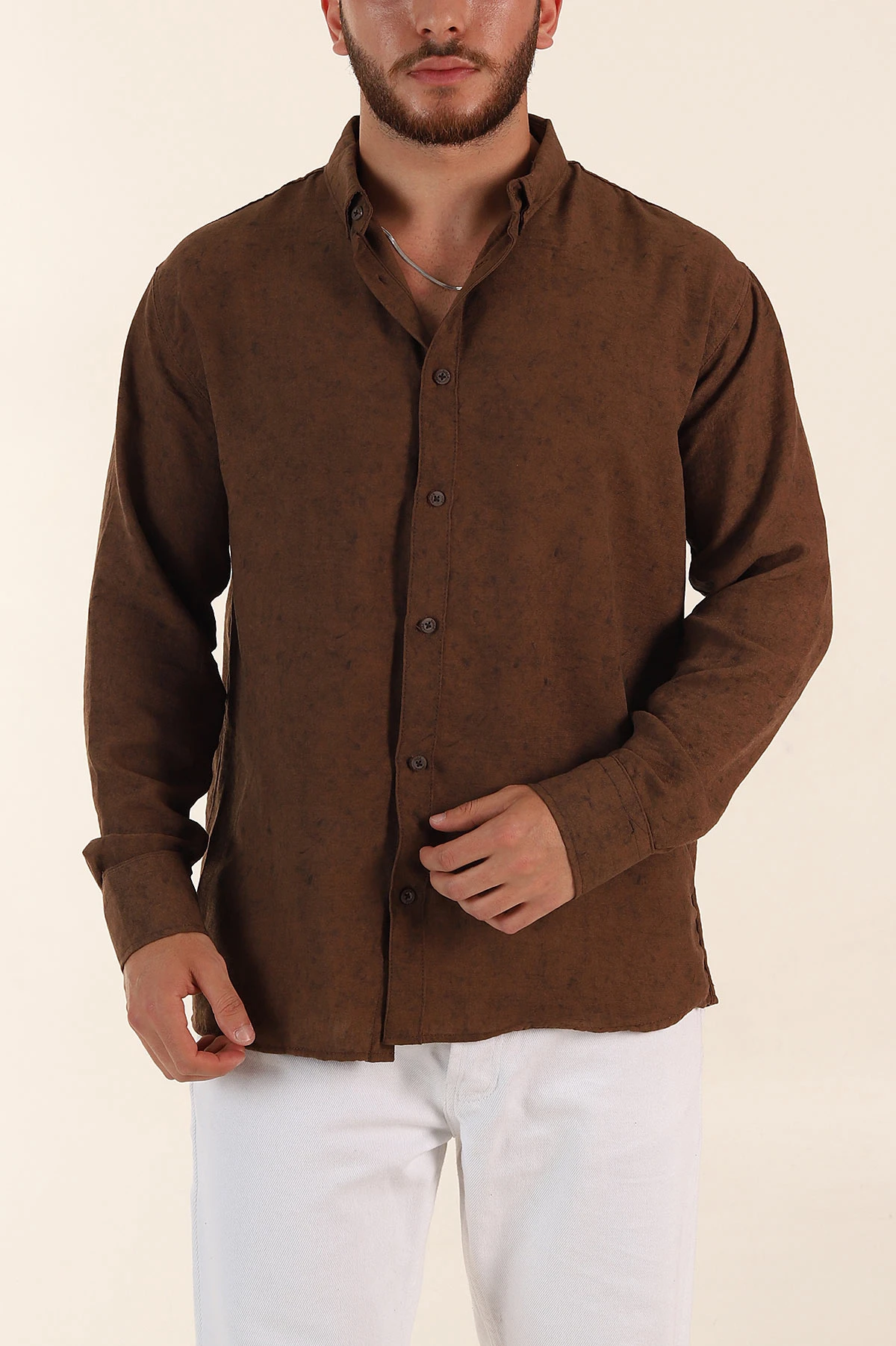 Kahverengi Relaxed Fit Desenli Uzun Kollu Erkek Gömlek 369756