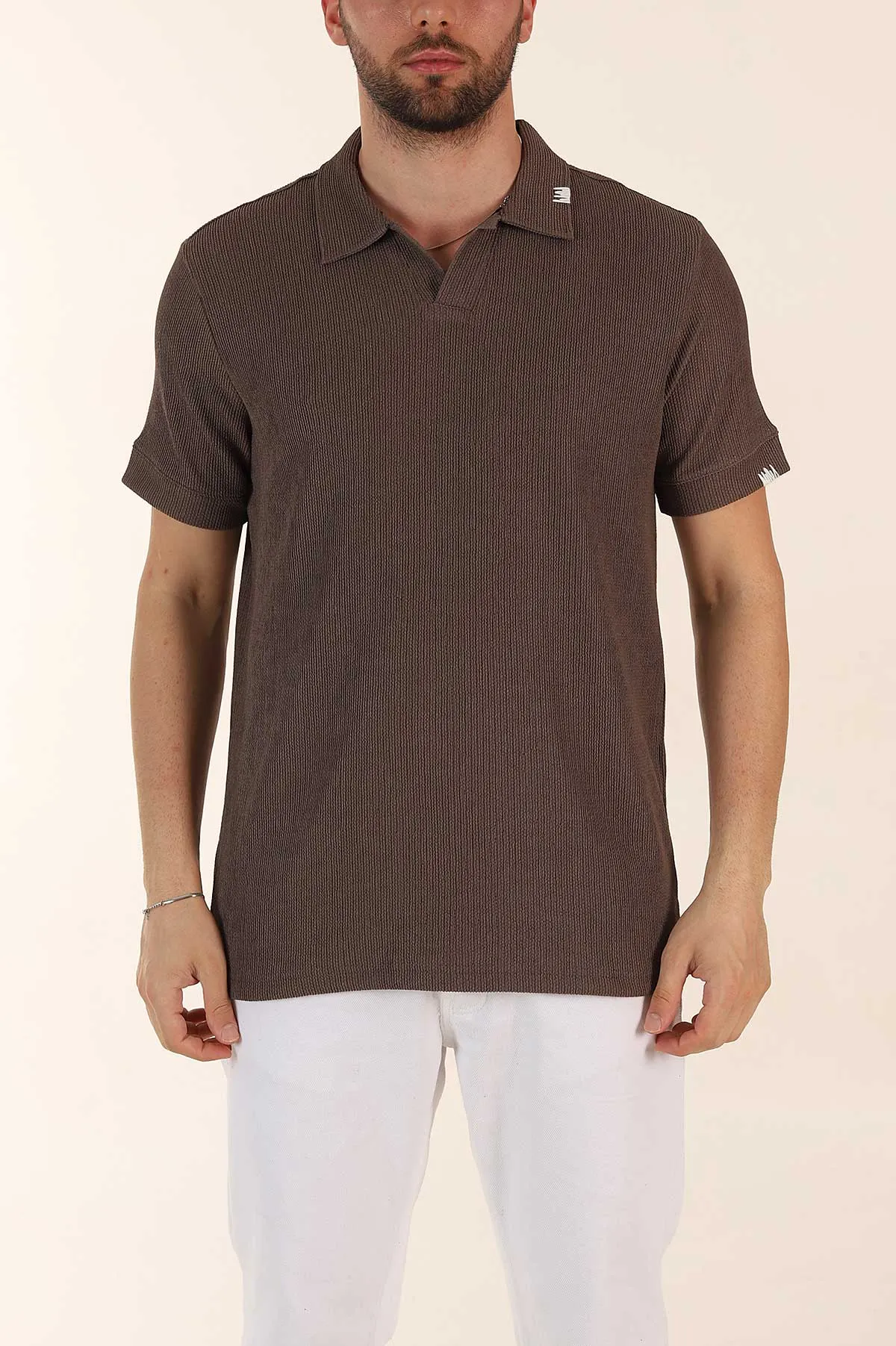 Kahverengi Relaxed Fit Dokulu Patlı Polo Yaka Erkek Tişört 370267