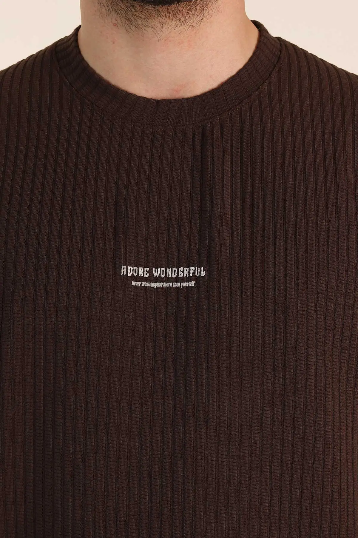 Kahverengi Relaxed Fit Dokulu Yazı Detaylı Erkek Tişört 370309