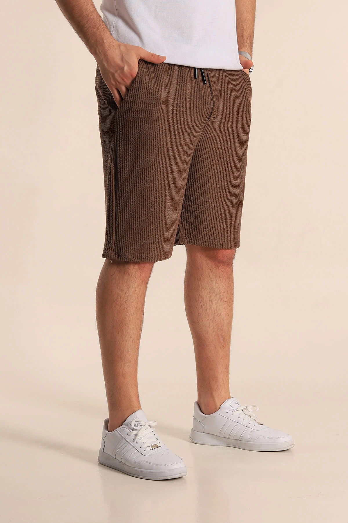 Kahverengi Relaxed Fit Fitilli Doku Bel Lastikli Erkek Şort 272830