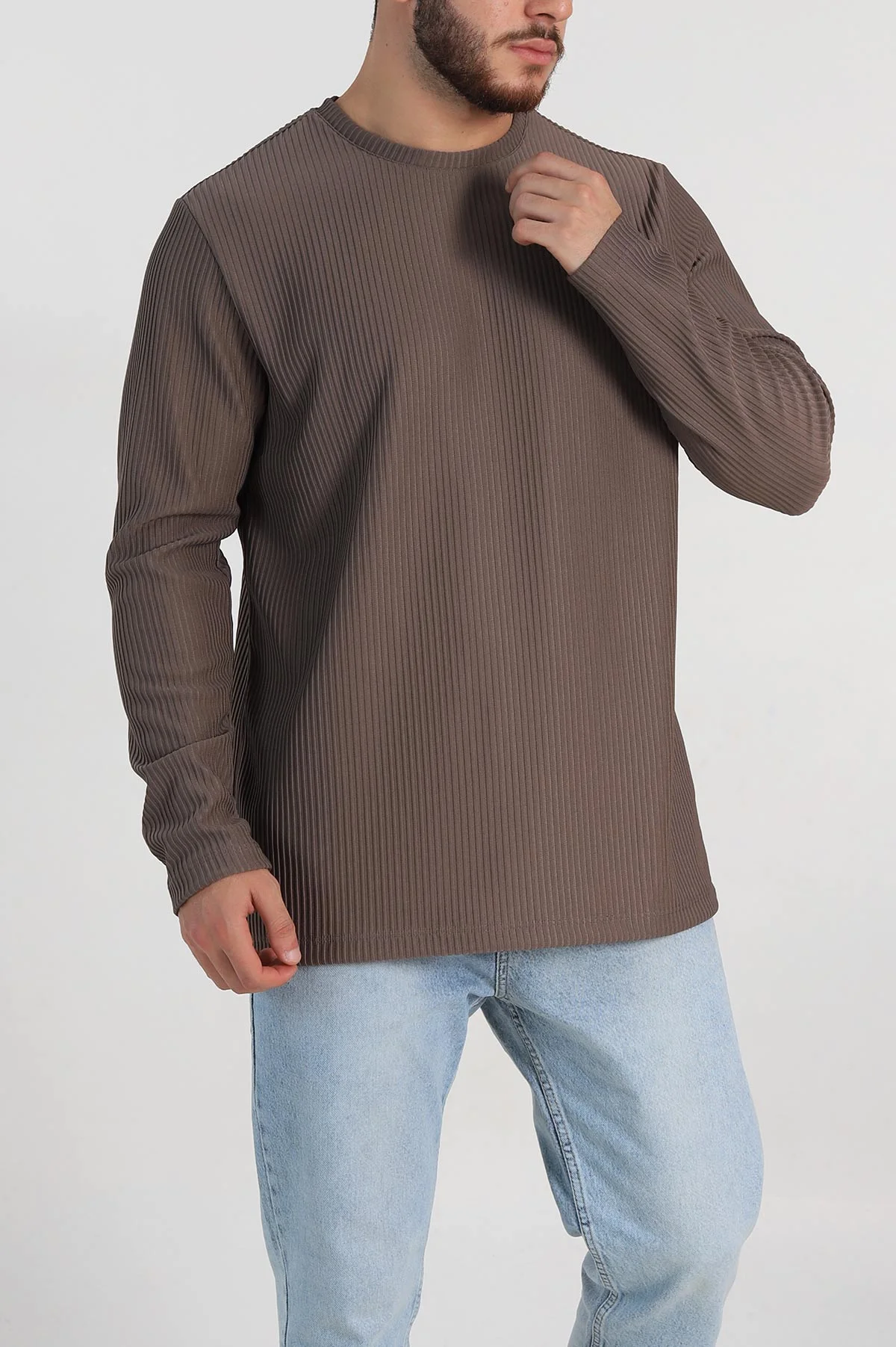 Kahverengi Relaxed Fit Fitilli Doku Bisiklet Yaka Erkek Sweatshirt 314143