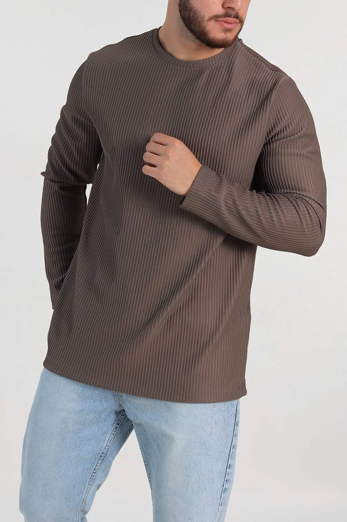 Kahverengi Relaxed Fit Fitilli Doku Bisiklet Yaka Erkek Sweatshirt 314143