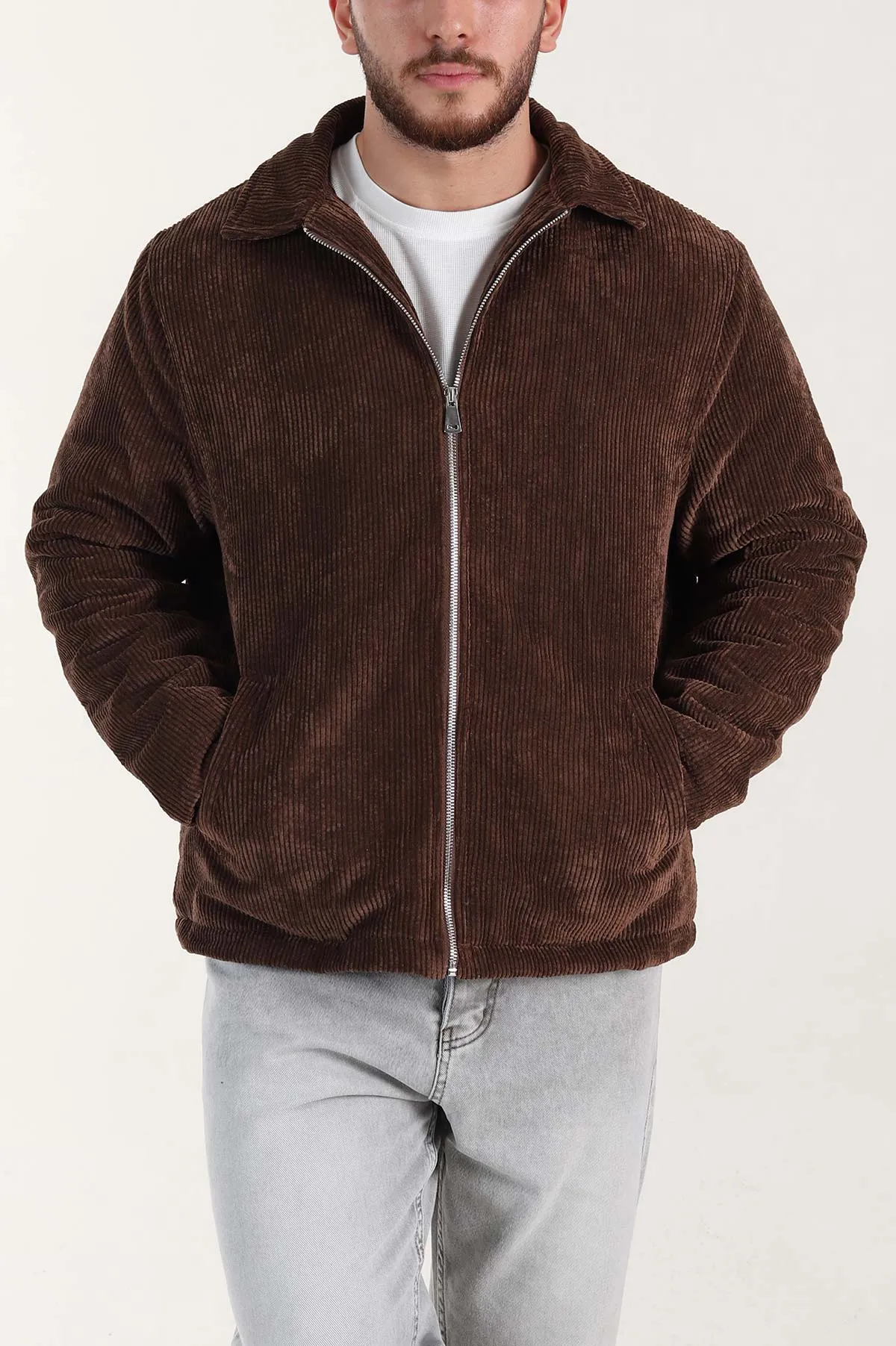 Kahverengi Relaxed Fit Fitilli Doku Erkek Kadife Mont 400393