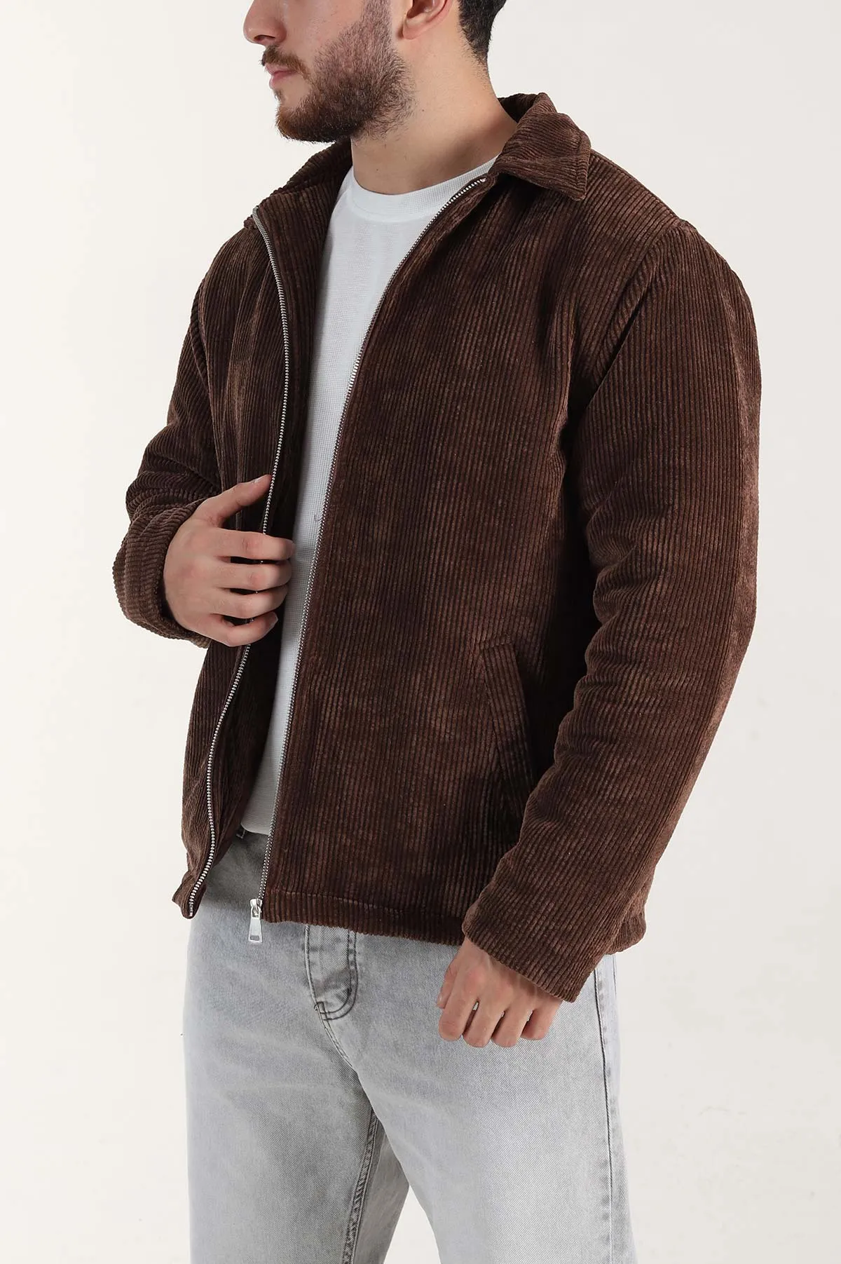 Kahverengi Relaxed Fit Fitilli Doku Erkek Kadife Mont 400393
