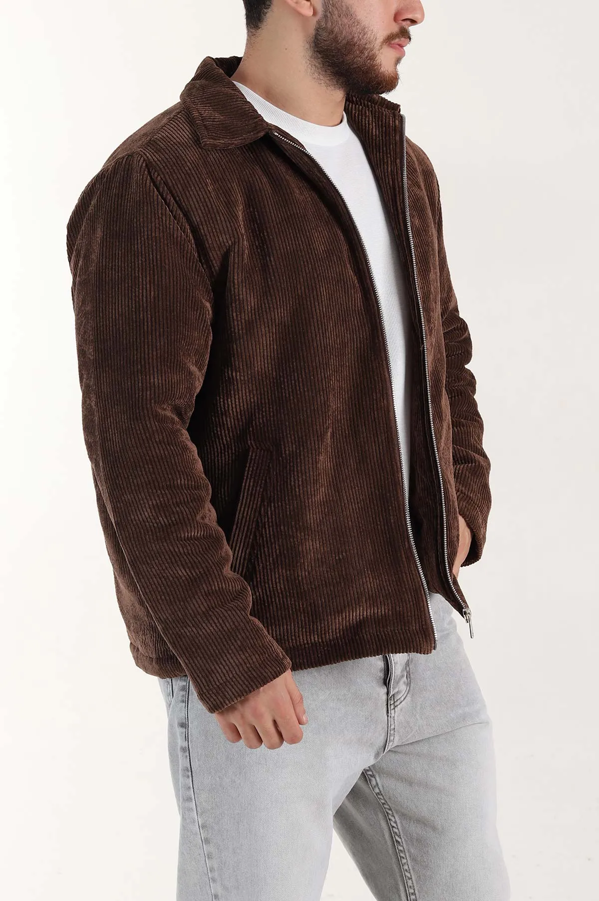 Kahverengi Relaxed Fit Fitilli Doku Erkek Kadife Mont 400393